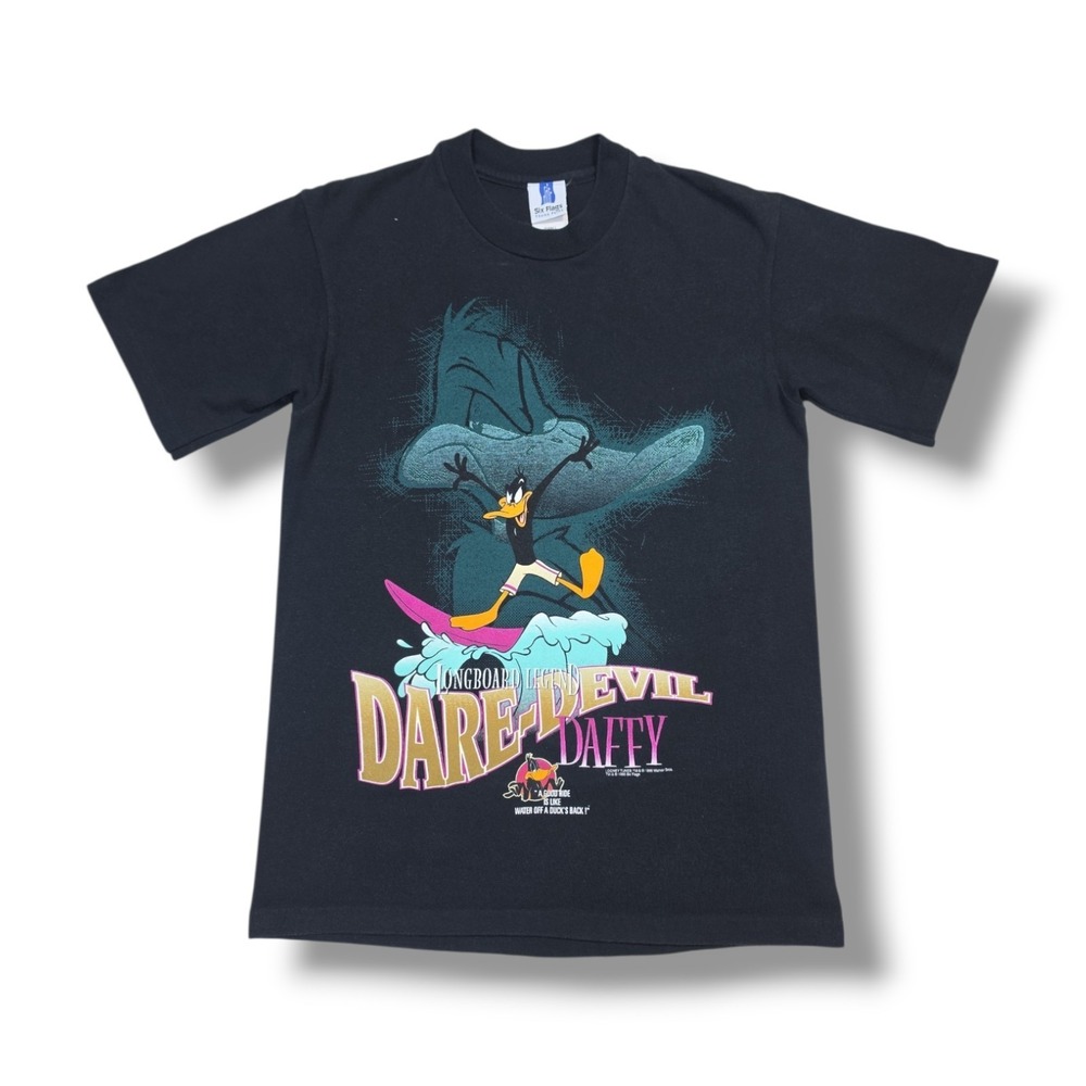 Vintage Six Flags Longboard Legend Dare-Devil Daffy Black 1996 T-Shirt Men's S